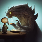 Whimsical illustration: Furry creature with horns, light bulb being, and two cats.