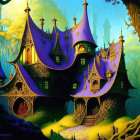 Violet castle with spires in yellow forest under blue sky