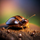 Shiny brown beetle with water droplets on textured surface