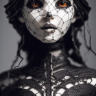 Portrait of woman with gothic makeup and ornate black headpiece with web-like veil