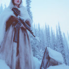 Person in Elegant Fur Coat Holding Gun in Snowy Landscape