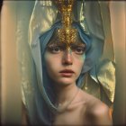 Exotic woman portrait with golden jewelry and headdress in high fantasy setting