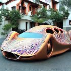 Elaborate Orange-Gold Futuristic Car in Whimsical Courtyard