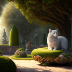 White Cat Relaxing in Serene Garden with Topiaries and Statues