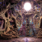 Organic surreal room with bone-like structures and pink growths