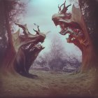 Fantastical dragon-shaped trees in mystical forest with glowing eyes.