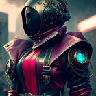 Elaborate armored suit and helmet on futuristic female figure