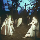 Spectral figures with horns in moonlit graveyard with crosses