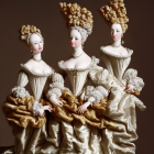 Four ornate skeletal figures in vintage-style gowns with gold and white colors.