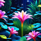 Neon-lit garden with blooming flowers and butterflies