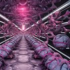 Futuristic sci-fi corridor with glowing oversized brains in pink and white lights