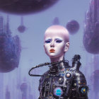 Futuristic female figure in high-tech armor amid alien megastructures