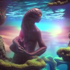 Fantasy illustration of a purple-scaled mermaid in underwater scene.