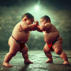 Infants in sumo wrestling attire in softly lit setting