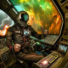 Futuristic astronaut in spacecraft with colorful nebula view