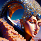 Golden female figure with jeweled headdress in surreal digital art