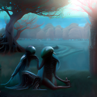 Elongated-headed extraterrestrial beings touching hands under twilight sky