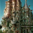 Fantastical castle with intertwined towers and spiraling turrets in fairy-tale setting