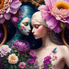 Surreal female figures with floral motifs and colorful blossoms in ornate mirror