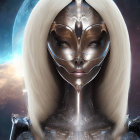 Platinum Blonde Futuristic Female Figure in Metallic Armor