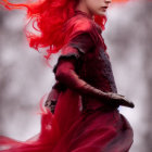 Elaborate Red Costume with Flowing Hair in Snowy Setting