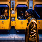 Fashionable individual in blue beret and tan coat by yellow subway car