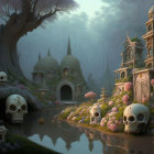 Fantasy landscape with skull-shaped structures and ornate buildings in mystical forest at dusk