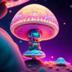 Child mesmerized by oversized neon mushrooms in fantasy dreamscape