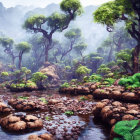 Tranquil forest scene with tall trees, rocky stream, and spherical brown objects