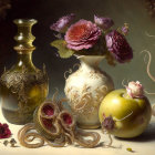 Intricately designed golden and white vases with green apple and flowers