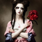 Pale-skinned person in dramatic gothic makeup, wearing Victorian pink dress with red eye details holding a