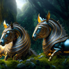 Golden Armored Horse Statues in Mystical Forest Setting