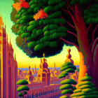 Colorful landscape with stylized trees, castle, and onion domes under sunset sky