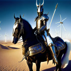Knight on horse in desert with wind turbines under blue sky