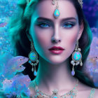 Elaborate Jewelry and Blue Makeup with Glowing Fish in Underwater Scene