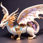 Detailed illustration of majestic white dragon with gold and blue accents, large wings, and ornate head crest