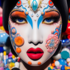 Colorful face art and intricate makeup with beads and buttons, matched by embellished garment.