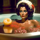 Woman with elegant makeup reclining in bubble bath with apple candle