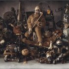 Steampunk-themed vintage figurines, gears, violin, and machinery on rustic backdrop