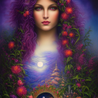 Mystical woman with purple star-filled hair and cosmic bird, adorned with flowers and butterflies.