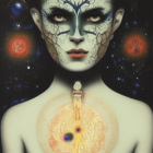 Mystical woman with cosmic tattoos and starry eyes surrounded by celestial bodies.