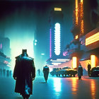 Person in trench coat walks in neon-lit futuristic city with flying cars.