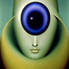 Surreal artwork featuring face with central blue eye and halos