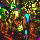 Four people in alien costumes at vibrant party with colorful lights