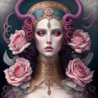 Digital Artwork: Woman with Horns, Roses, and Gold Jewelry on Dark Background