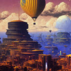 Fantastical cityscape with layered towers, hot air balloon, sunset sky, and large moon