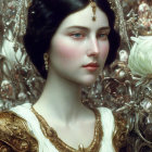 Digital painting of woman with ornate floral crown and classical beauty