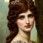 Woman with Curly Hair and Leafy Tiara in Serene Pose against Blurred Background