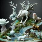 Fantastical landscape with white ornate deer-like creatures in lush greenery