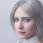 Close-Up Portrait of Person with Blue Eyes, Pale Skin, Pastel Hair, Silver Necklace